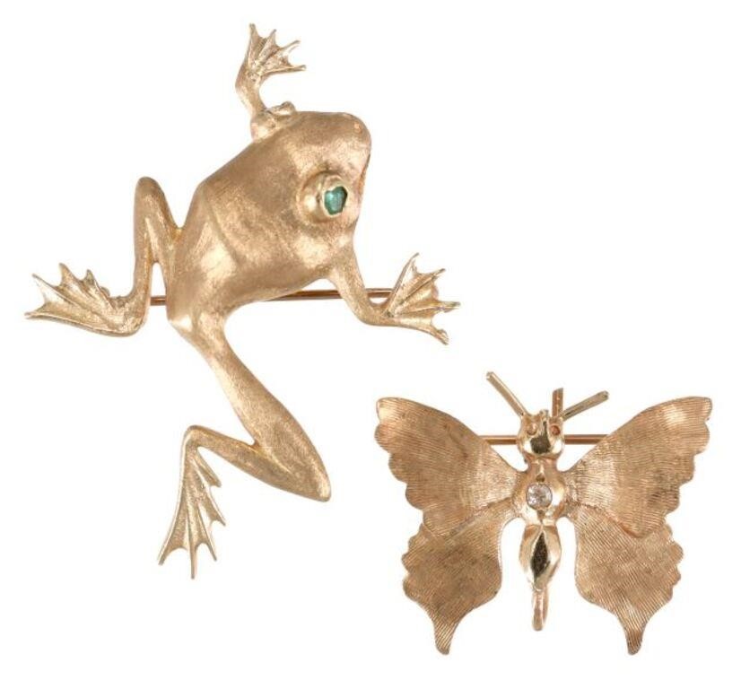 (2) 14KT YELLOW GOLD FROG & BUTTERFLY