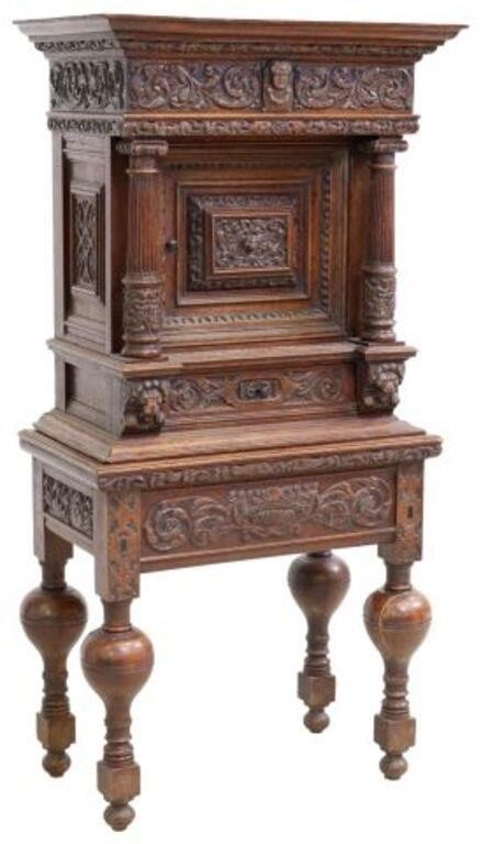 FRENCH FOLIATE CARVED OAK WINE CABINETFrench