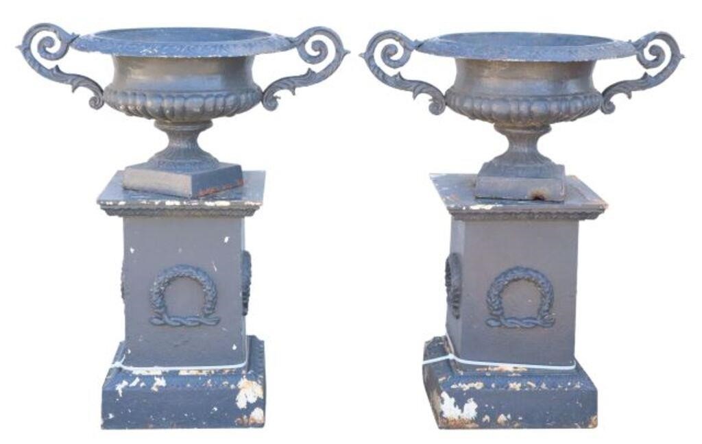 (2) CAST IRON HANDLED GARDEN URNS