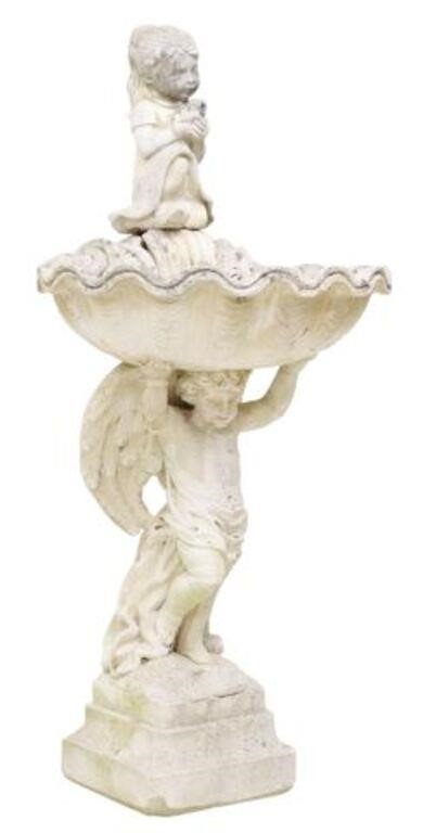 CAST STONE WINGED CHERUB GARDEN FOUNTAINCast