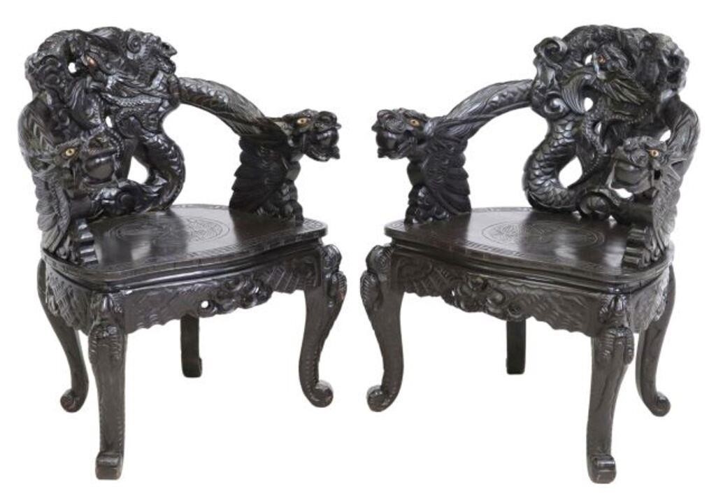  2 JAPANESE CARVED DRAGON ARMCHAIRS pair  2f6dec