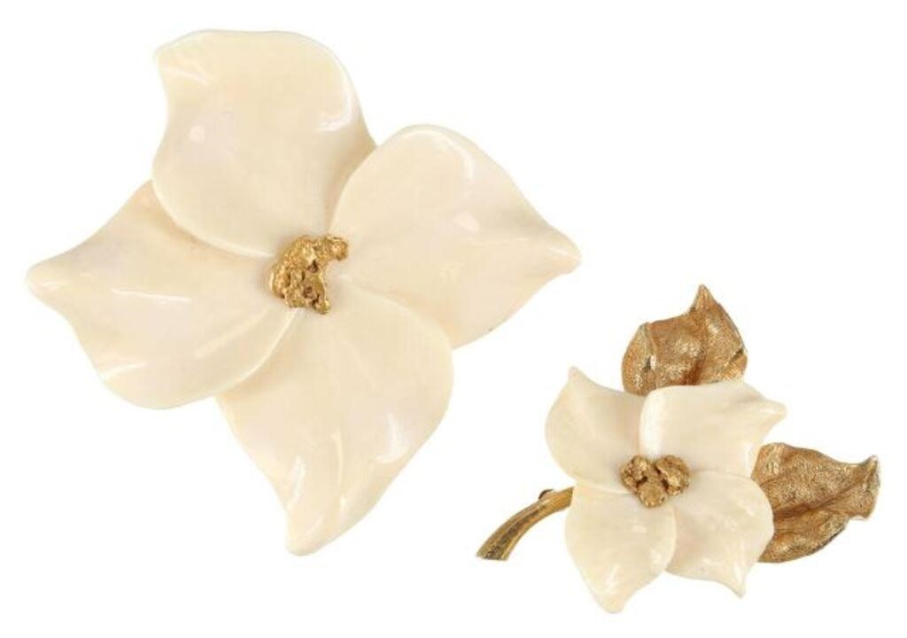 (2) CARVED BONE & GOLD NUGGET FLOWER