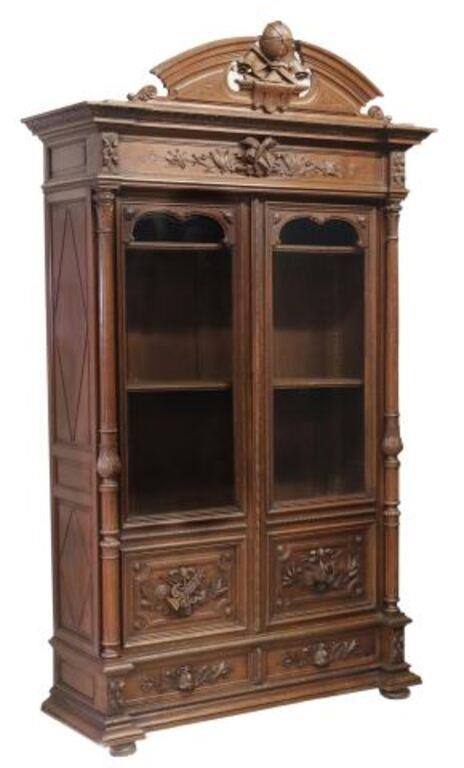 FRENCH CARVED OAK LIBRARY BOOKCASE,