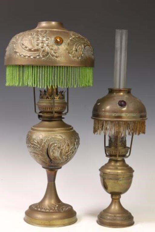  2 BRASS JEWELED OIL LAMPS WITH 2f71aa