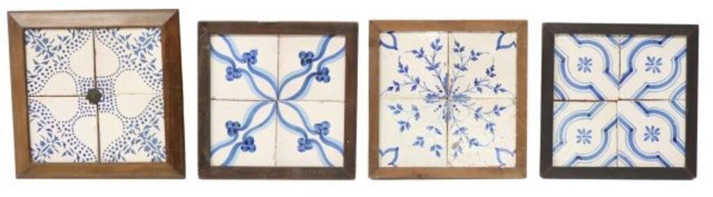 4) FRAMED BLUE & WHITE MAJOLICA TILES,