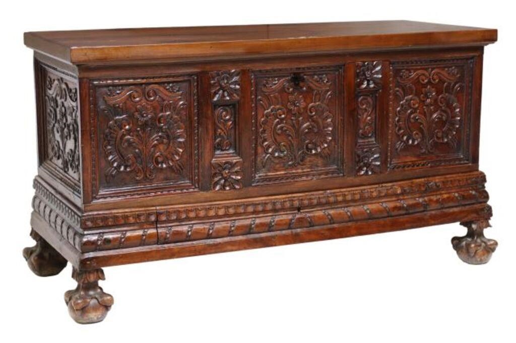 SPANISH CARVED WALNUT COFFER STORAGE