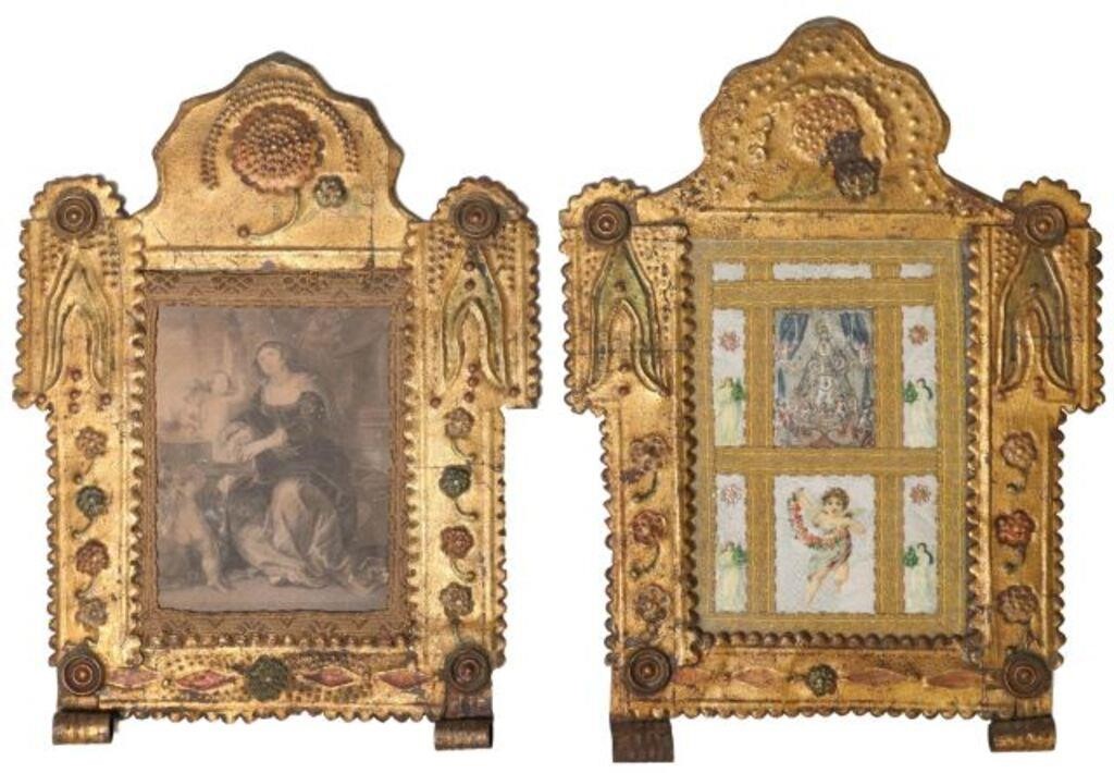 (2) PARCEL GILT PRESSED METAL FRAMED