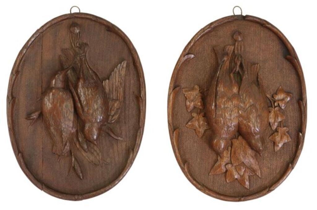 (2) CARVED OAK RELIEF PLAQUES GAME