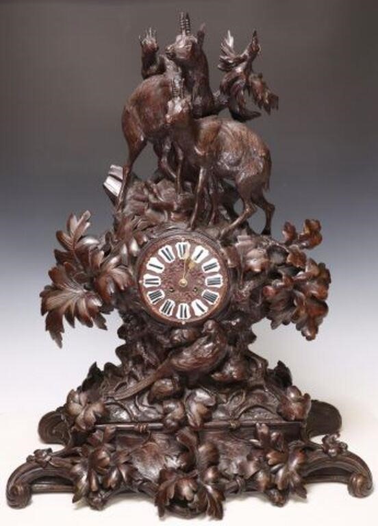 BLACK FOREST CARVED WALNUT MANTEL CLOCKBlack