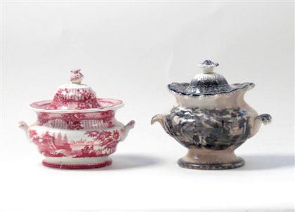 Two transfer-printed covered sugar bowls