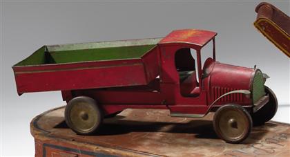 Painted metal toy dump truck  