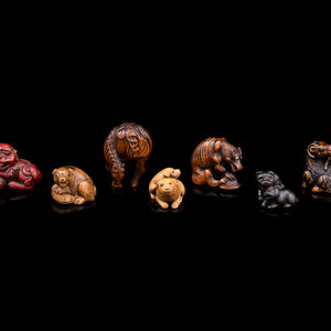 Seven Japanese Carved Wood Animal-Form