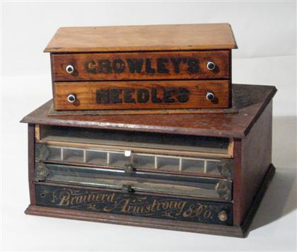 Two painted wooden needle boxes