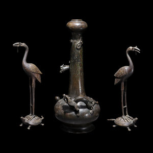 A Bronze Vase and A Pair of Crane-Form