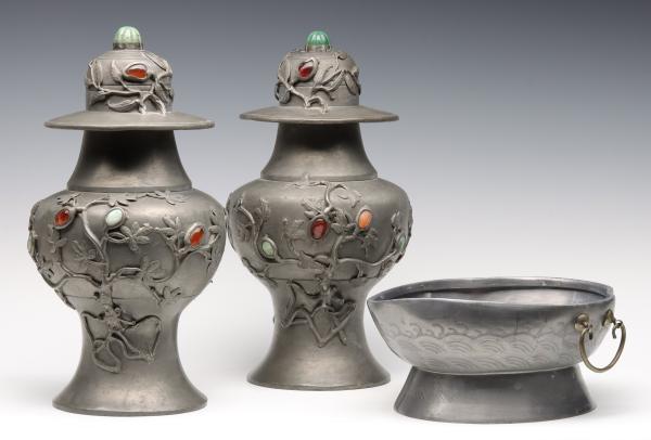 CHINESE PEWTER URNS WITH CARNELIAN