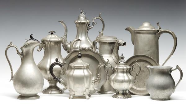 A TEN PIECE COLLECTION OF ANTIQUE PEWTERThe