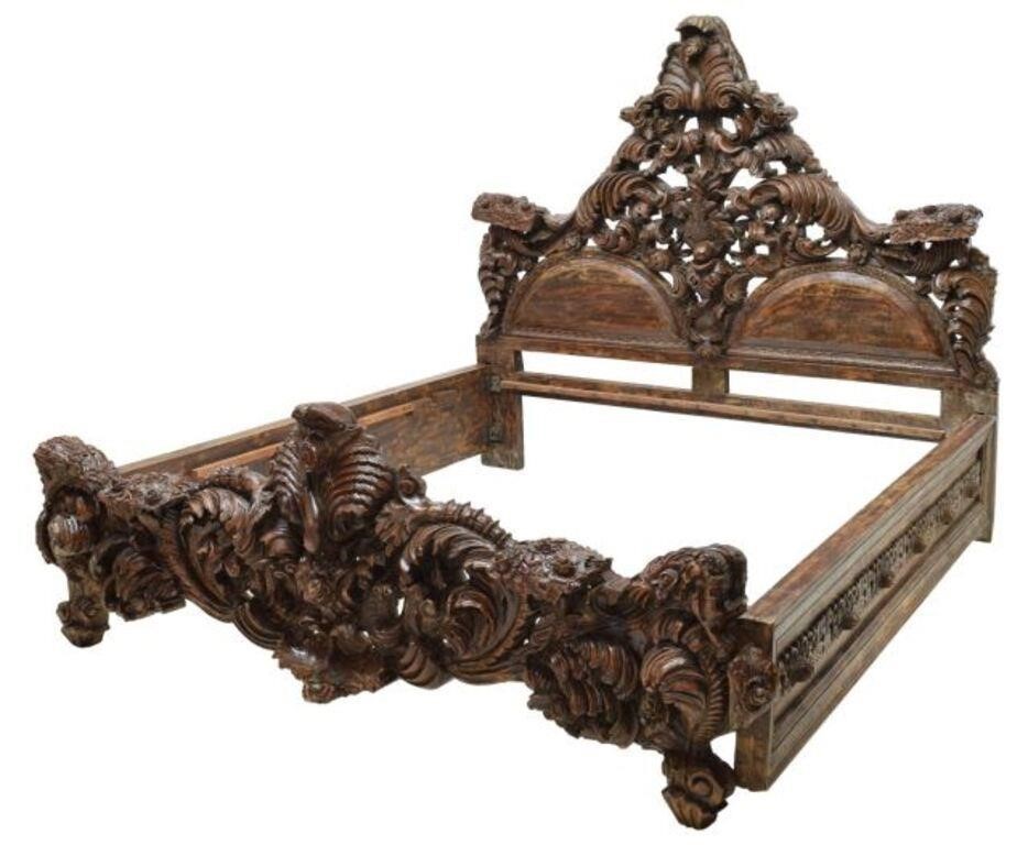 HEAVILY-CARVED BAROQUE STYLE BEDHeavily-carved