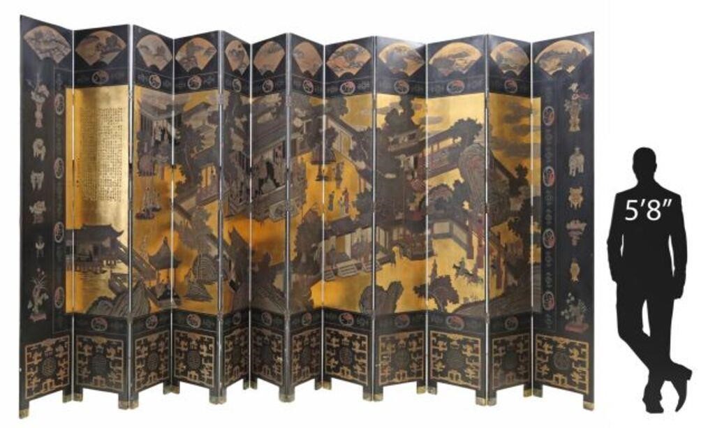 MONUMENTAL CHINESE LACQUERED 12-PANEL