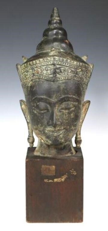 ASIAN BRONZE BUDDHA HEAD ON WOOD 2f8634