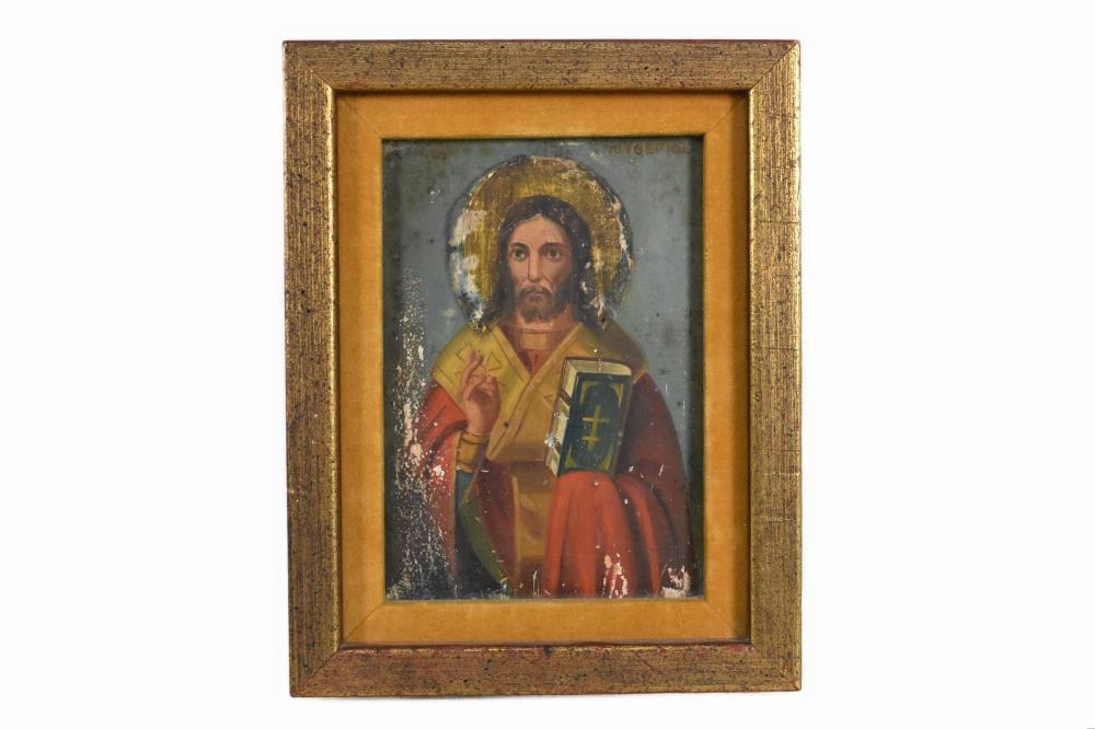 ANTIQUE PAINTED WOOD ICON, CHRIST