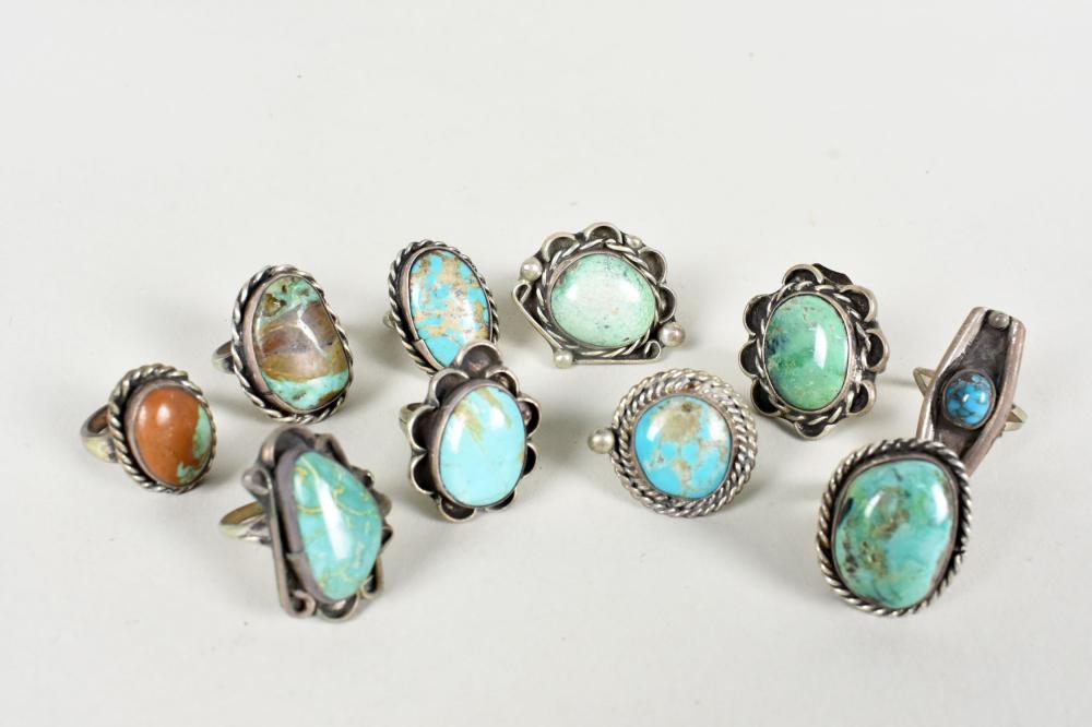 TEN NAVAJO TURQUOISE MOUNTED SILVER