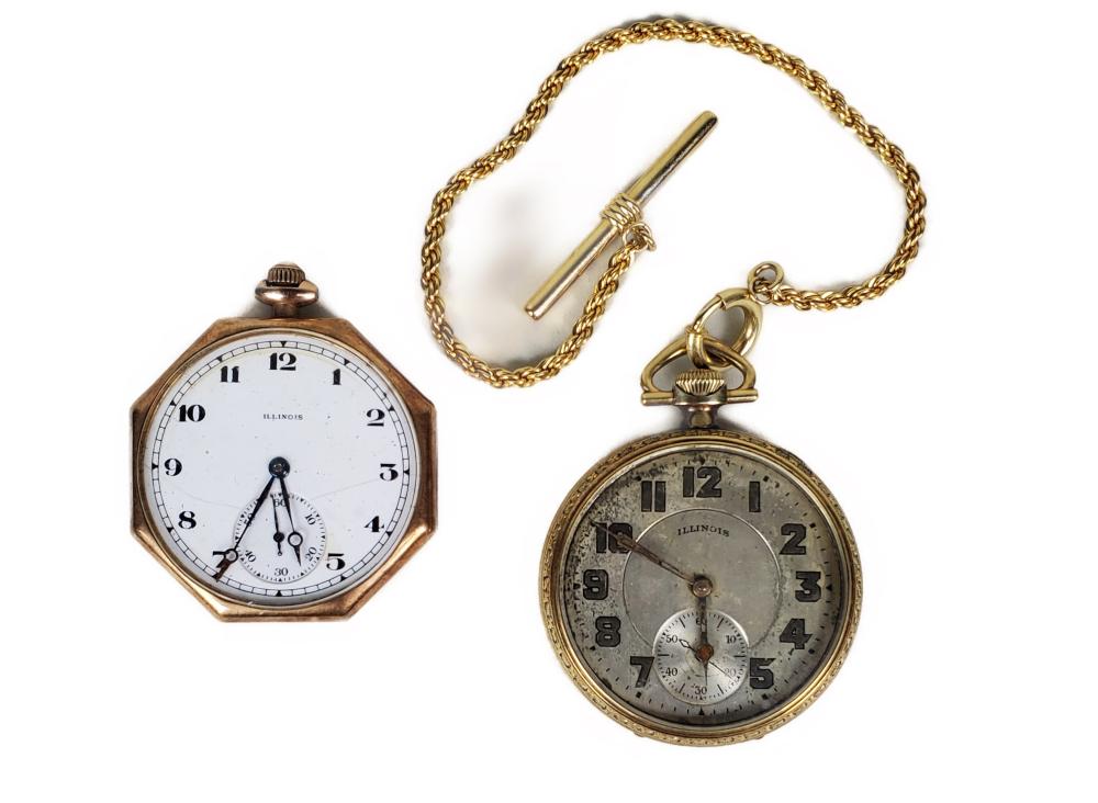 TWO ILLINOIS OPEN FACE POCKET WATCHES,