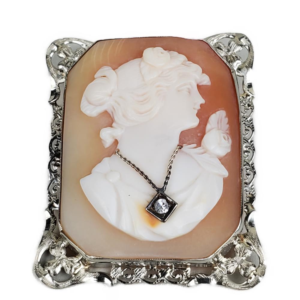 14 K WHITE GOLD AND DIAMOND CAMEO 2f872a