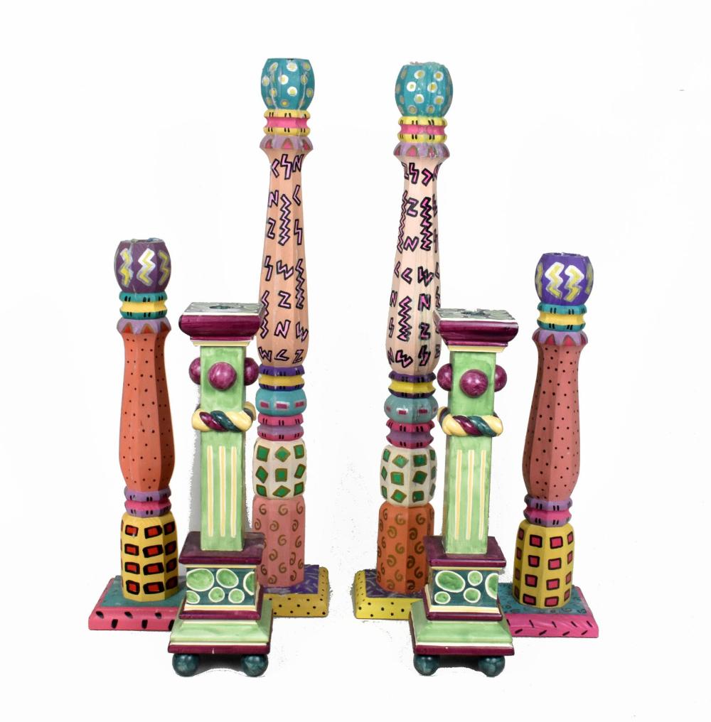 GROUP OF SIX WOOD PAINTED FOLK CANDLESTICKS,