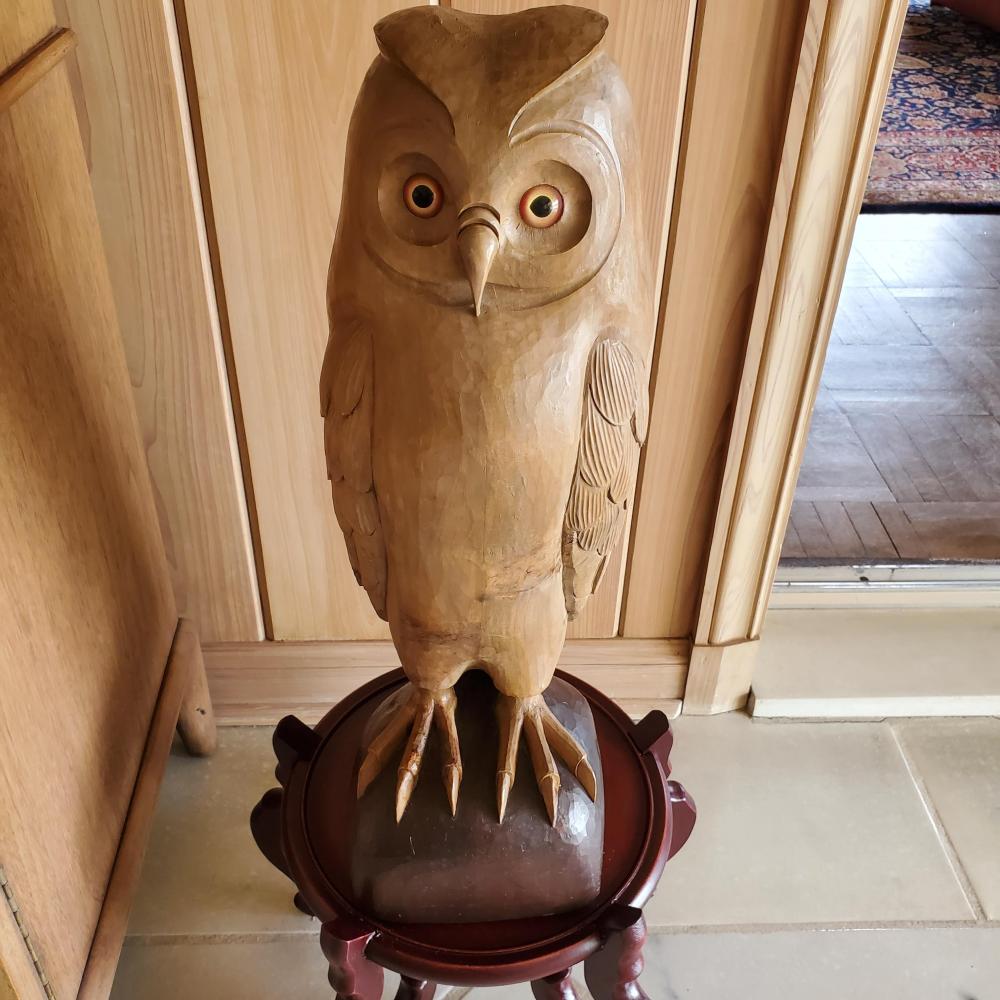 FOLK WOOD CARVED OWL WITH GLASS EYES,