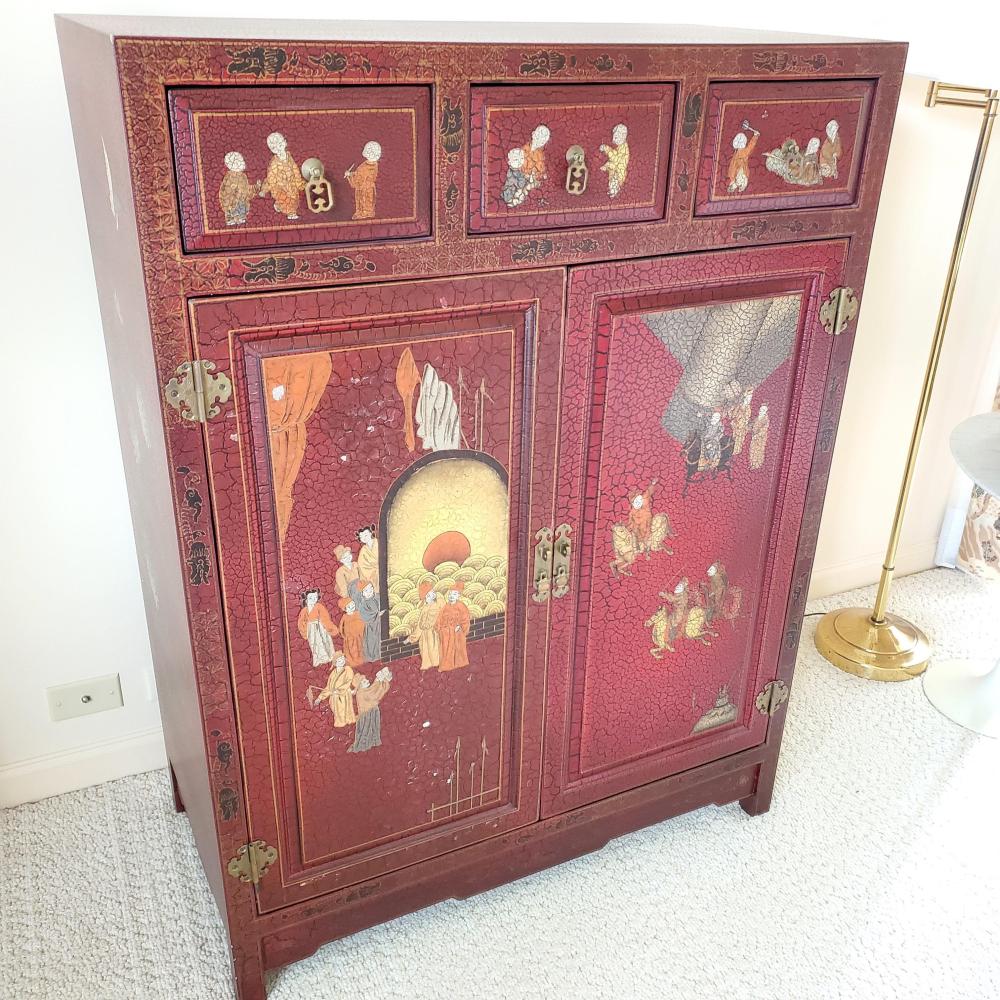 CHINESE TALL RED LACQUERED CABINET,