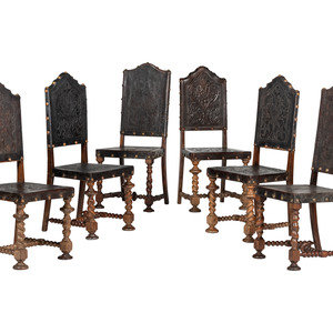Six Mizner Carved Walnut and Embossed