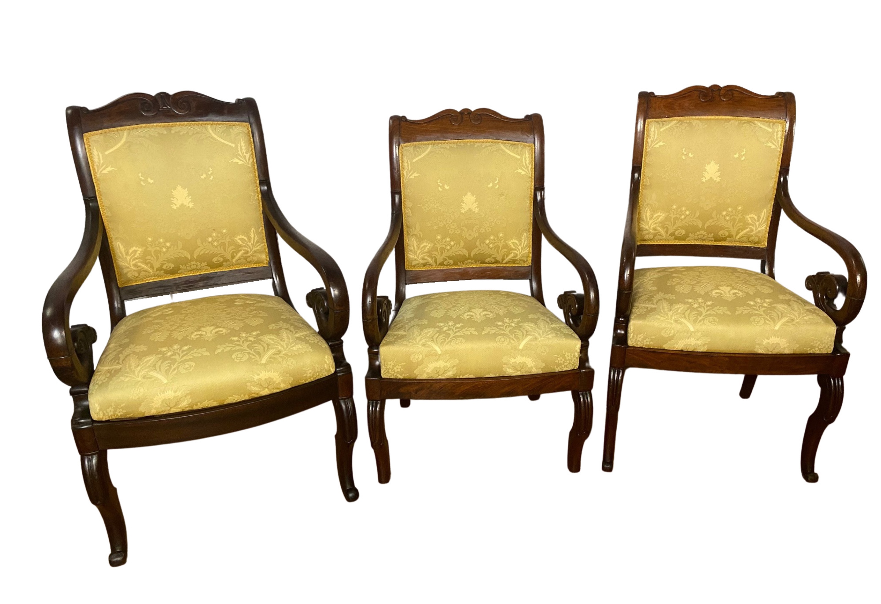 3 ANTIQUE MAHOGANY FRENCH ARM CHAIRS