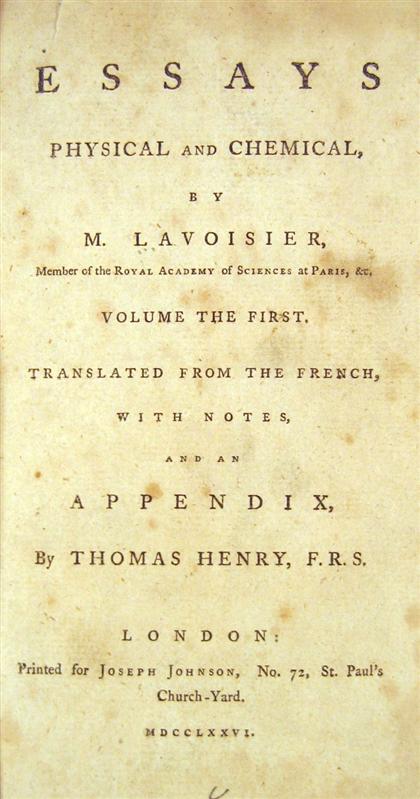 1 vol.  Lavoiser, Antoine Laurent.