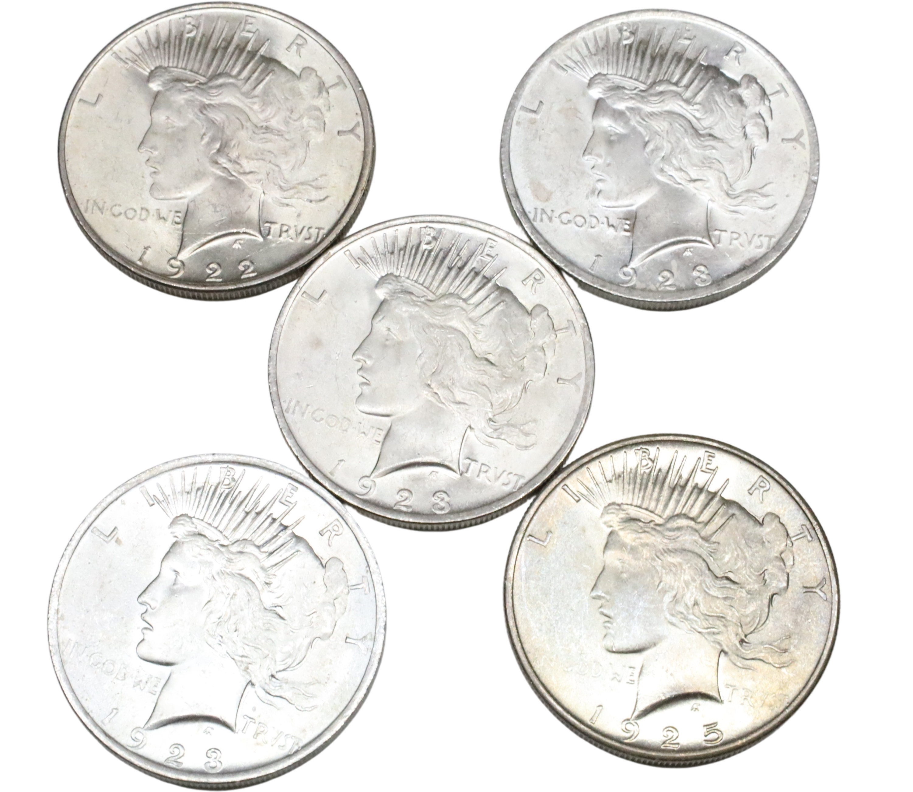 GROUP OF 5 LIBERTY PEACE SILVER