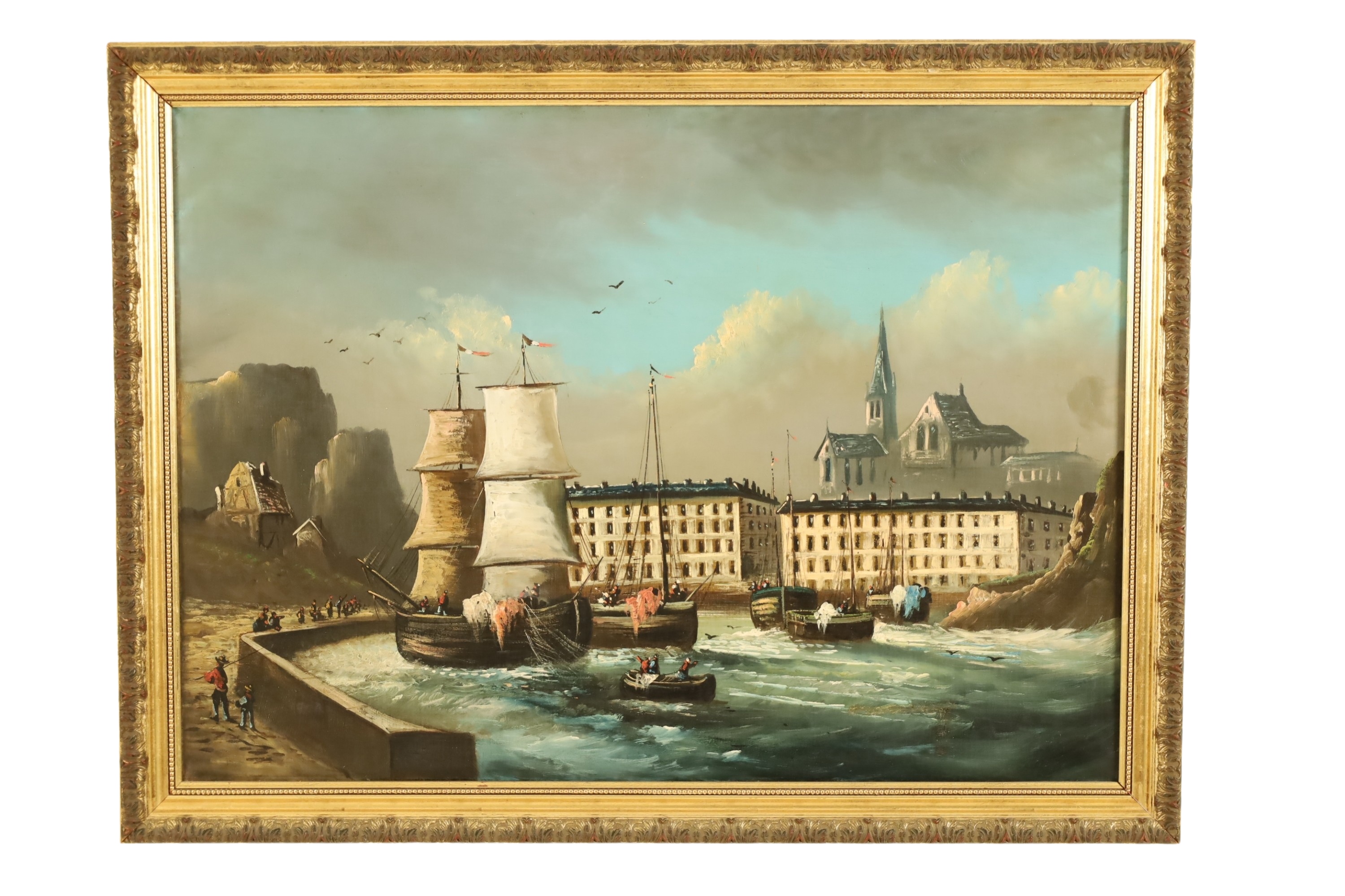 FRENCH OIL ON CANVAS HARBOR SCENE