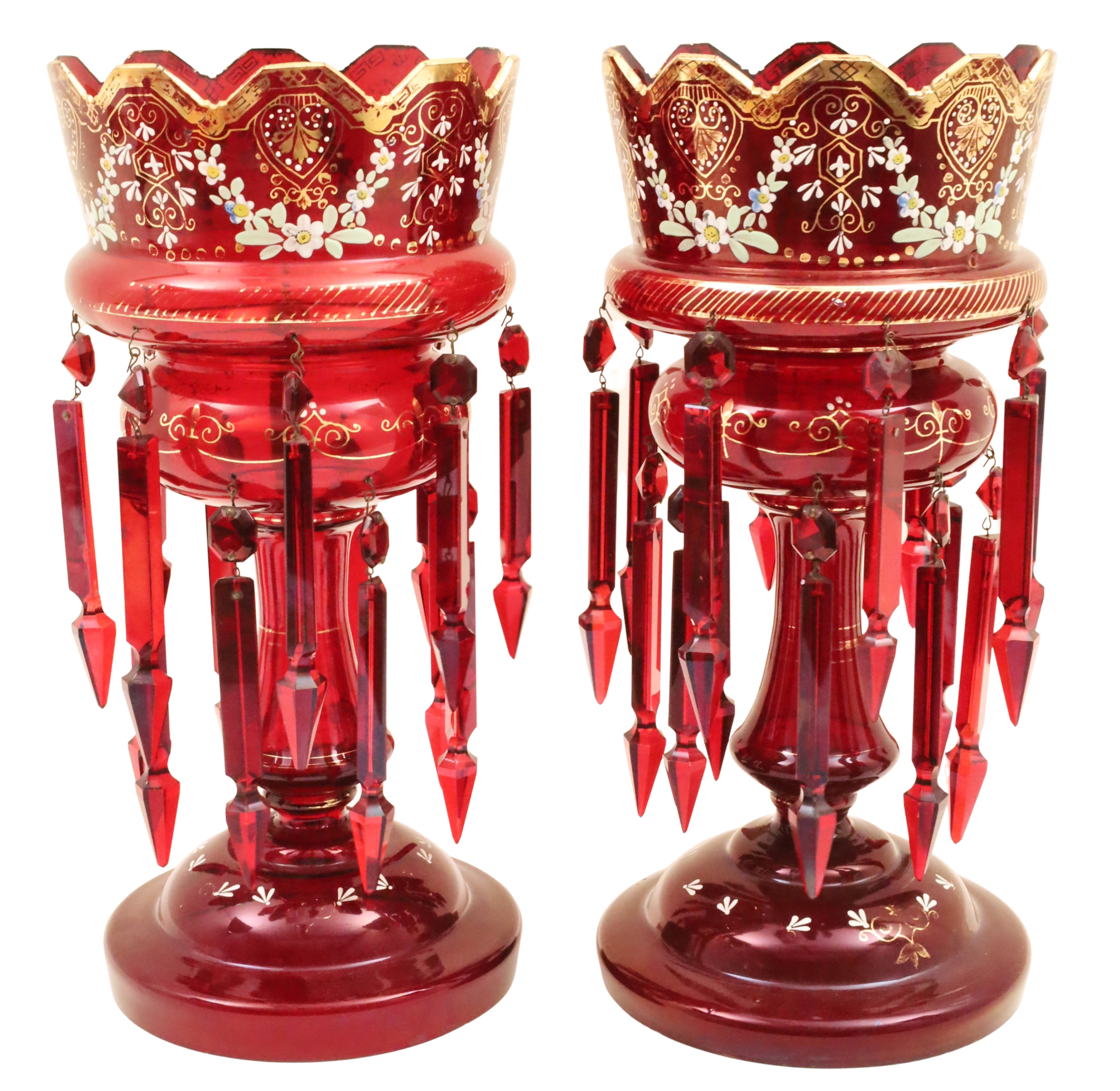 GOOD PAIR OF RUBY RED GLASS MANTLE LUSTERS