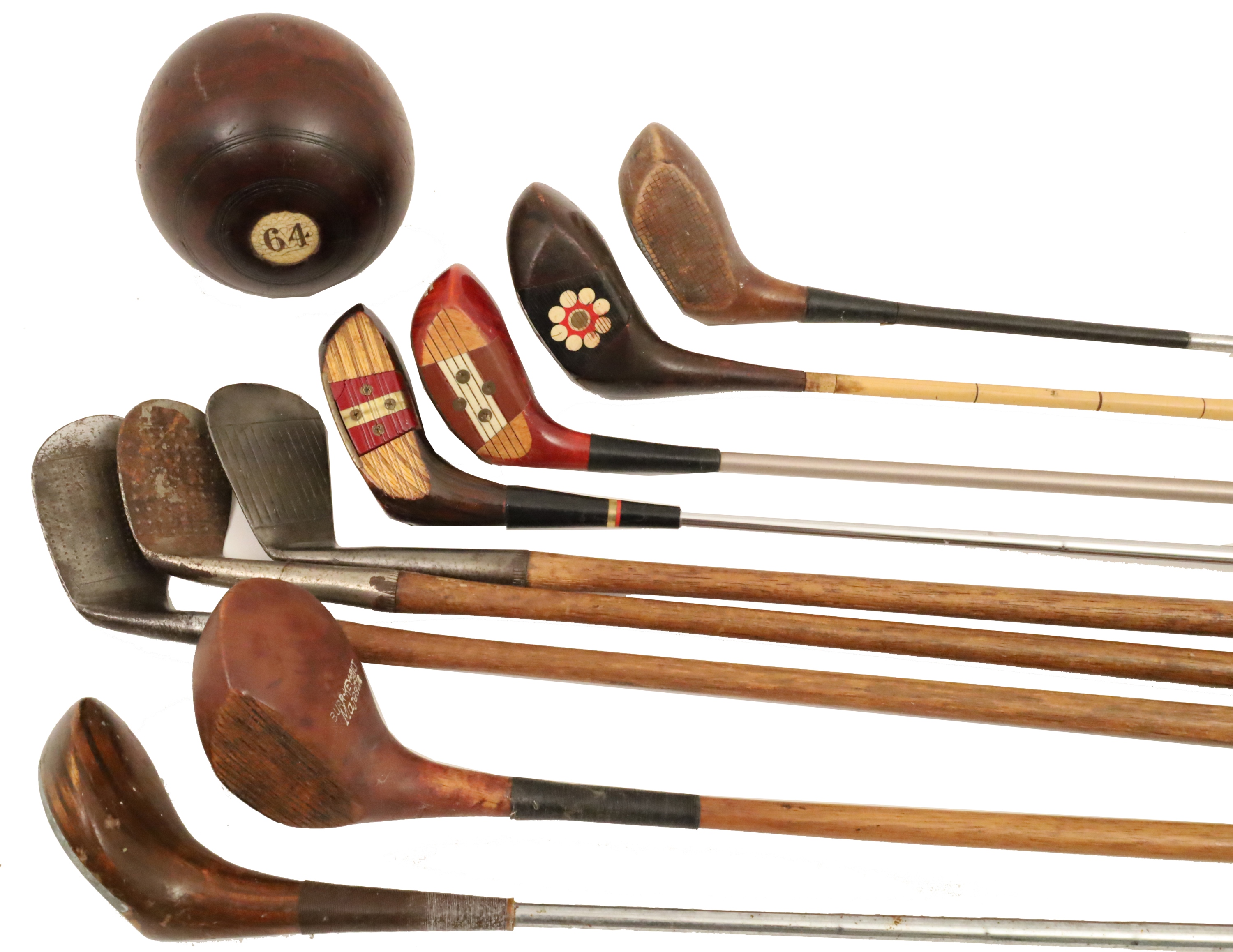 9 ANTIQUE AND VINTAGE GOLF CLUBS WITH