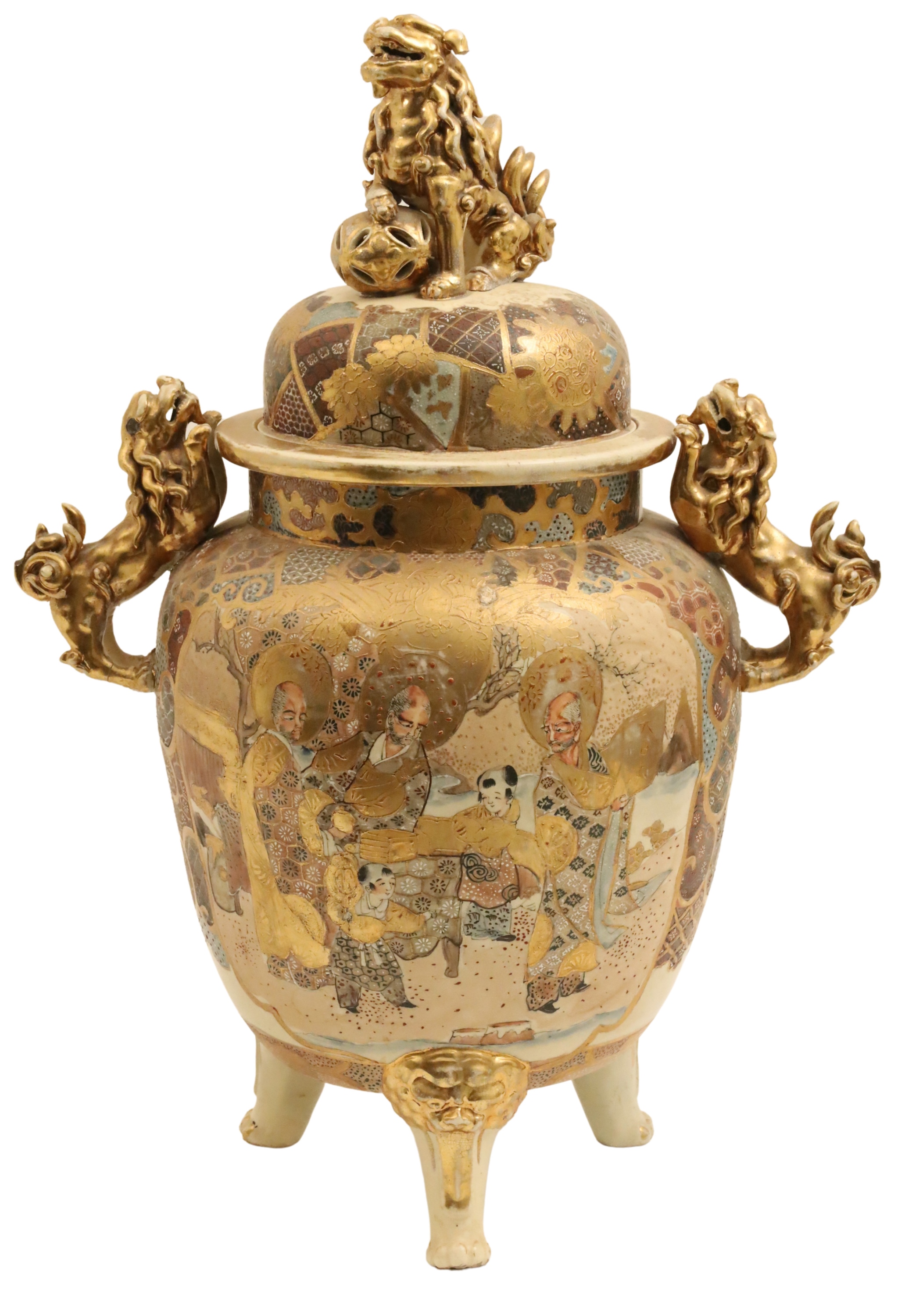 ANTIQUE SATSUMA TEMPLE JAR W/ FOO