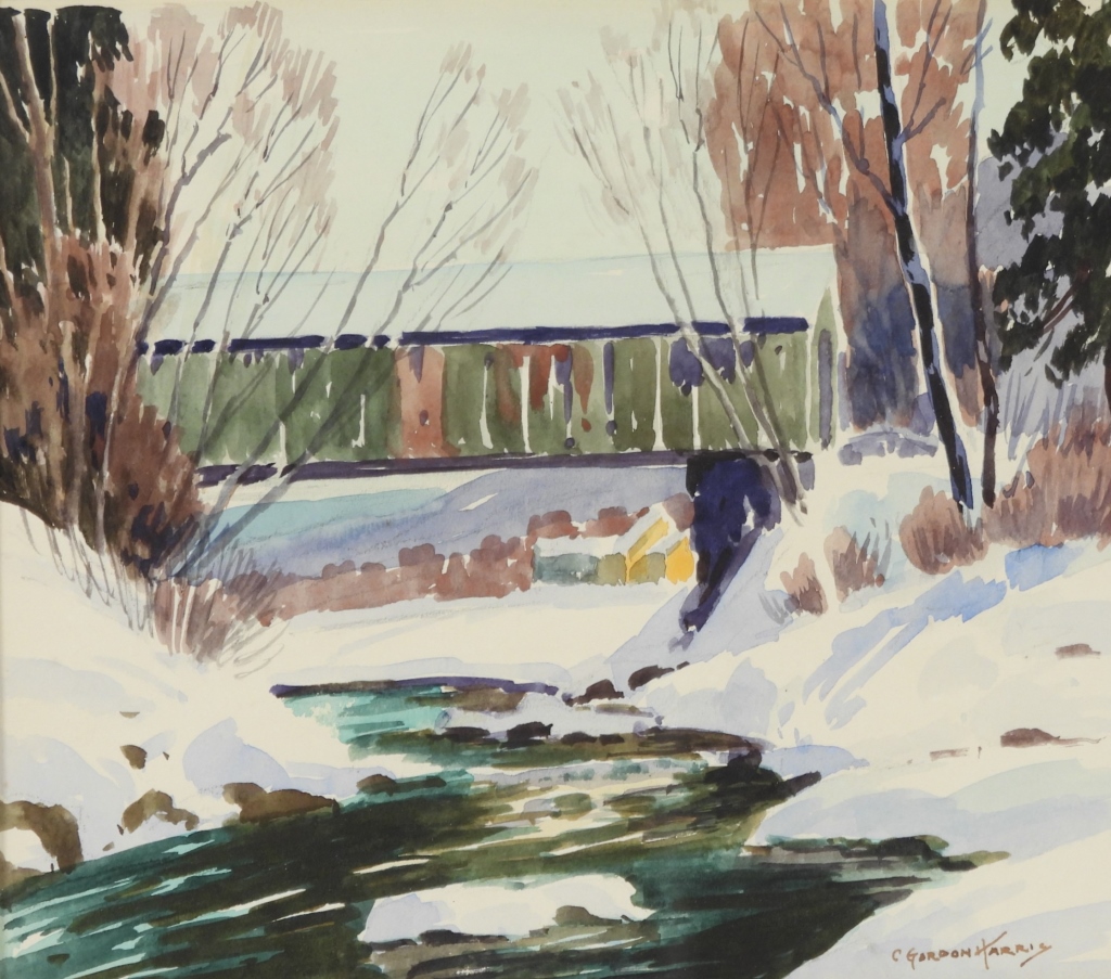 C. GORDON HARRIS WINTER RIVER WC PAINTING