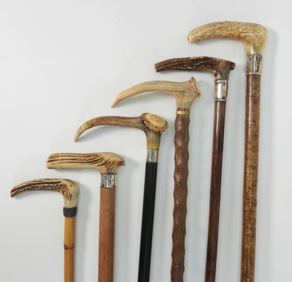 6PC MIXED WOOD ANTLER CANES WALKING 2f935f