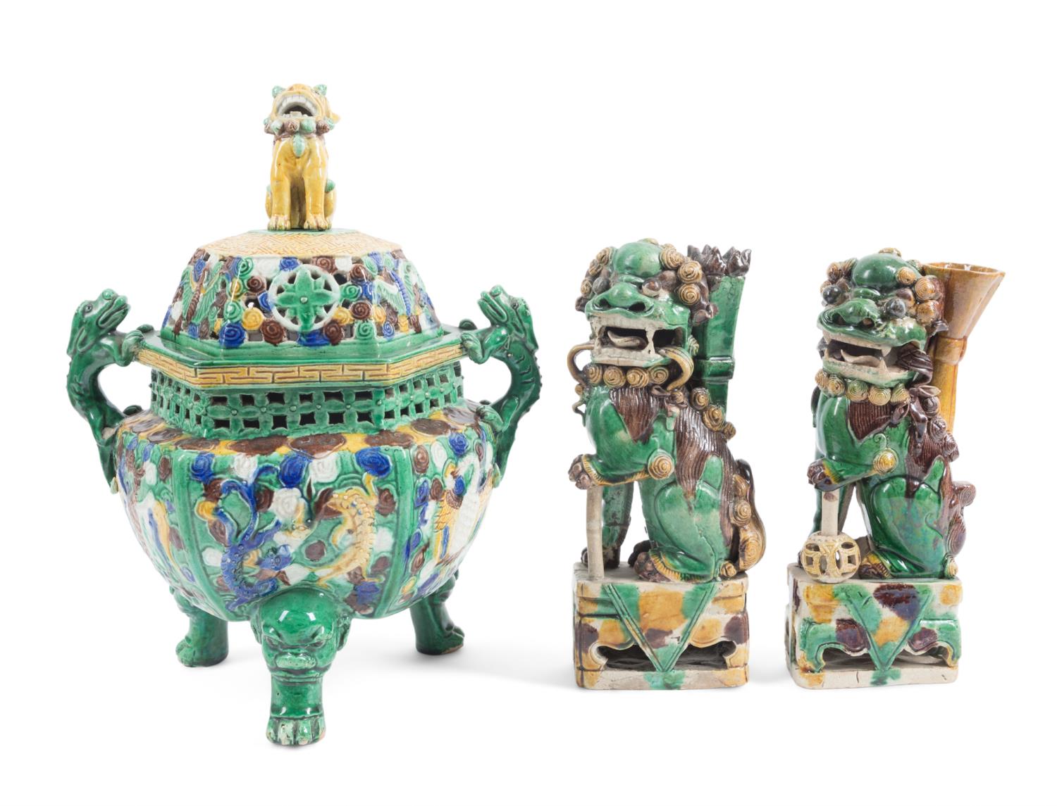 3PC CHINESE SANCAI LIDDED CENSER