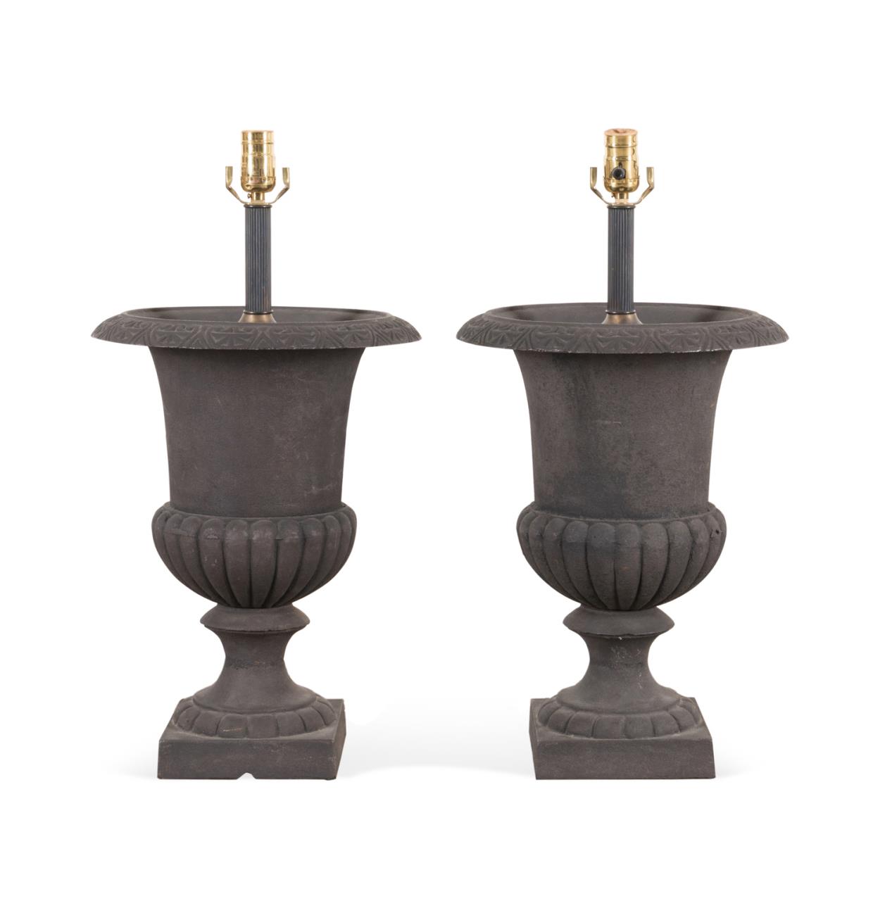 PAIR CAST IRON GARDEN URNS MOUNTED 2f966d