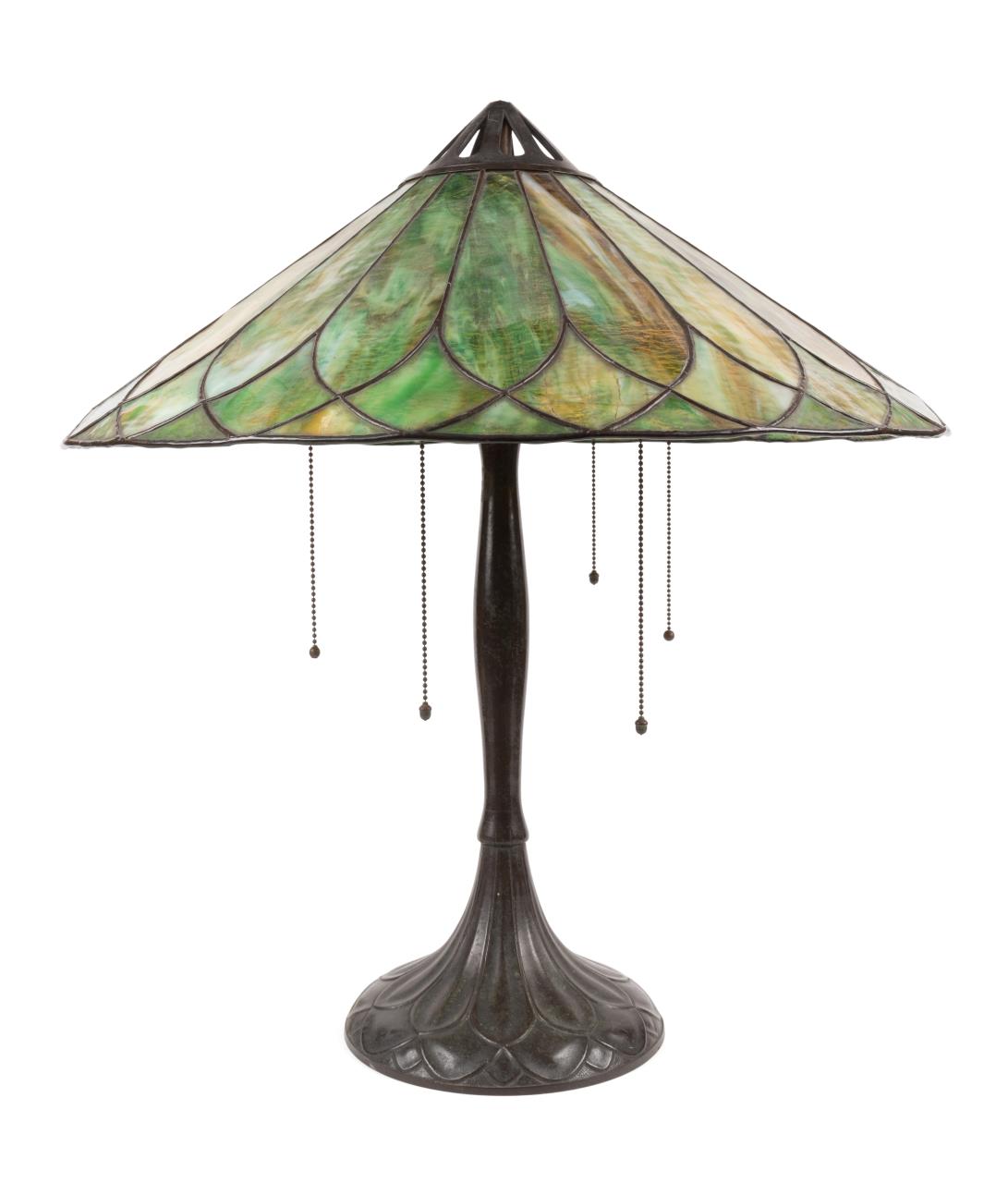 HANDEL LAMP WITH GREEN SLAG GLASS SHADE,