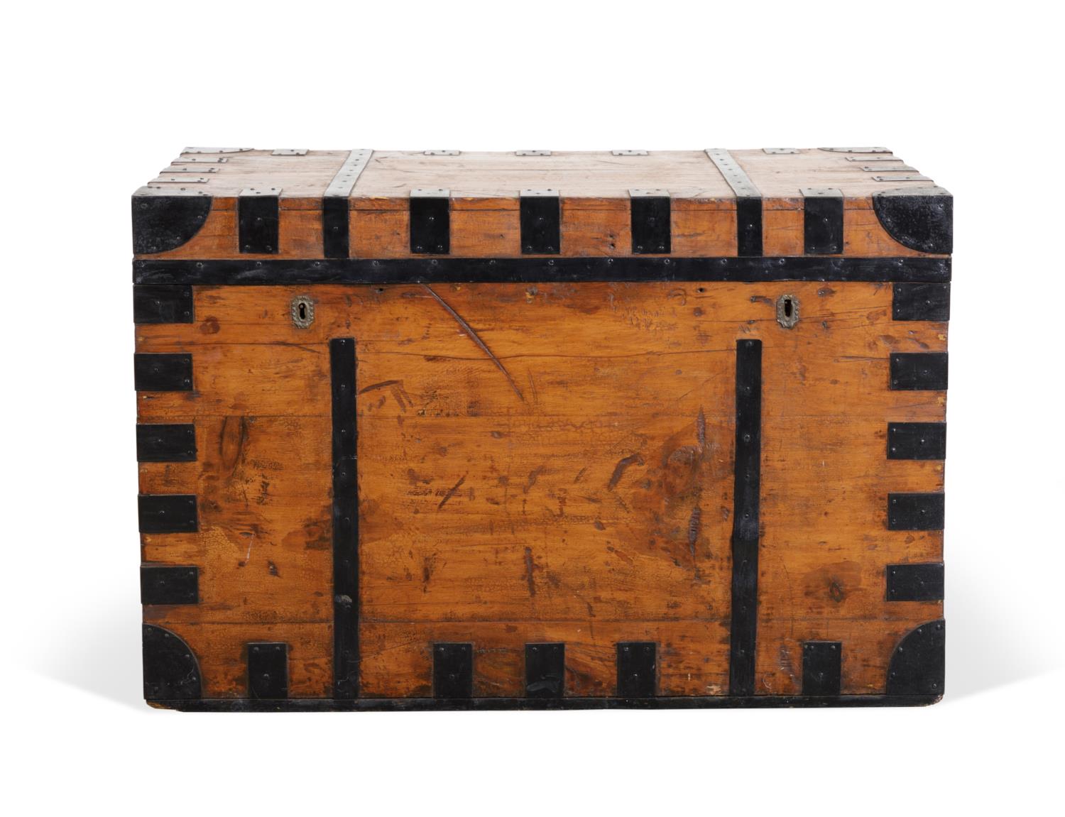 LARGE BLACK STRAP SHIPPING TRUNK,