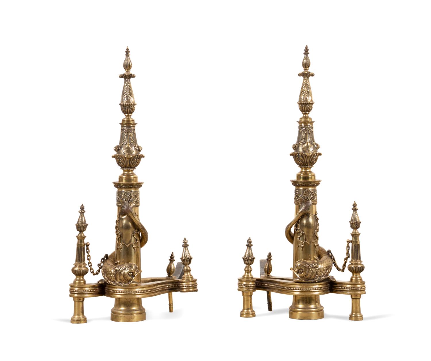 PAIR FRENCH BRASS BAROQUE REVIVAL ANDIRONS