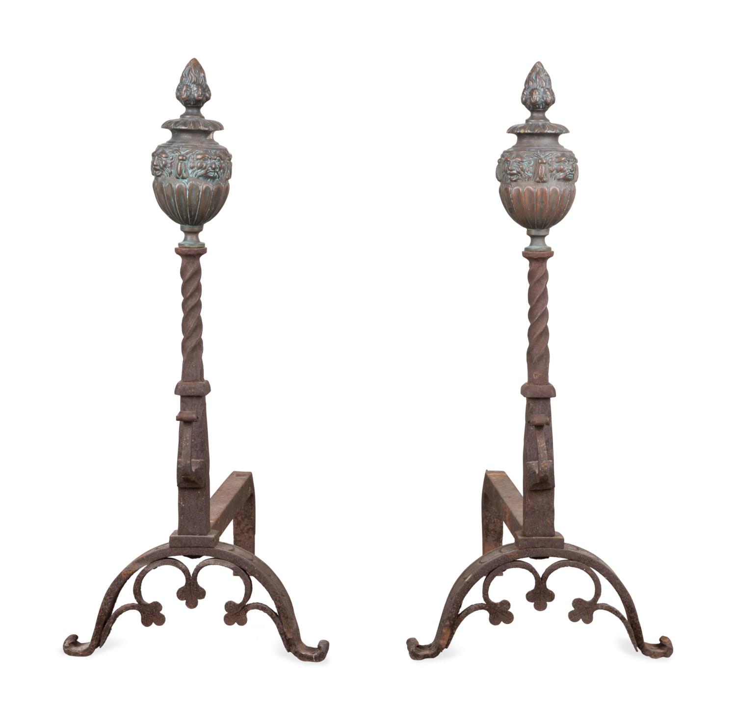 PAIR FLAMING URN ANDIRONS IN THE 2f9893