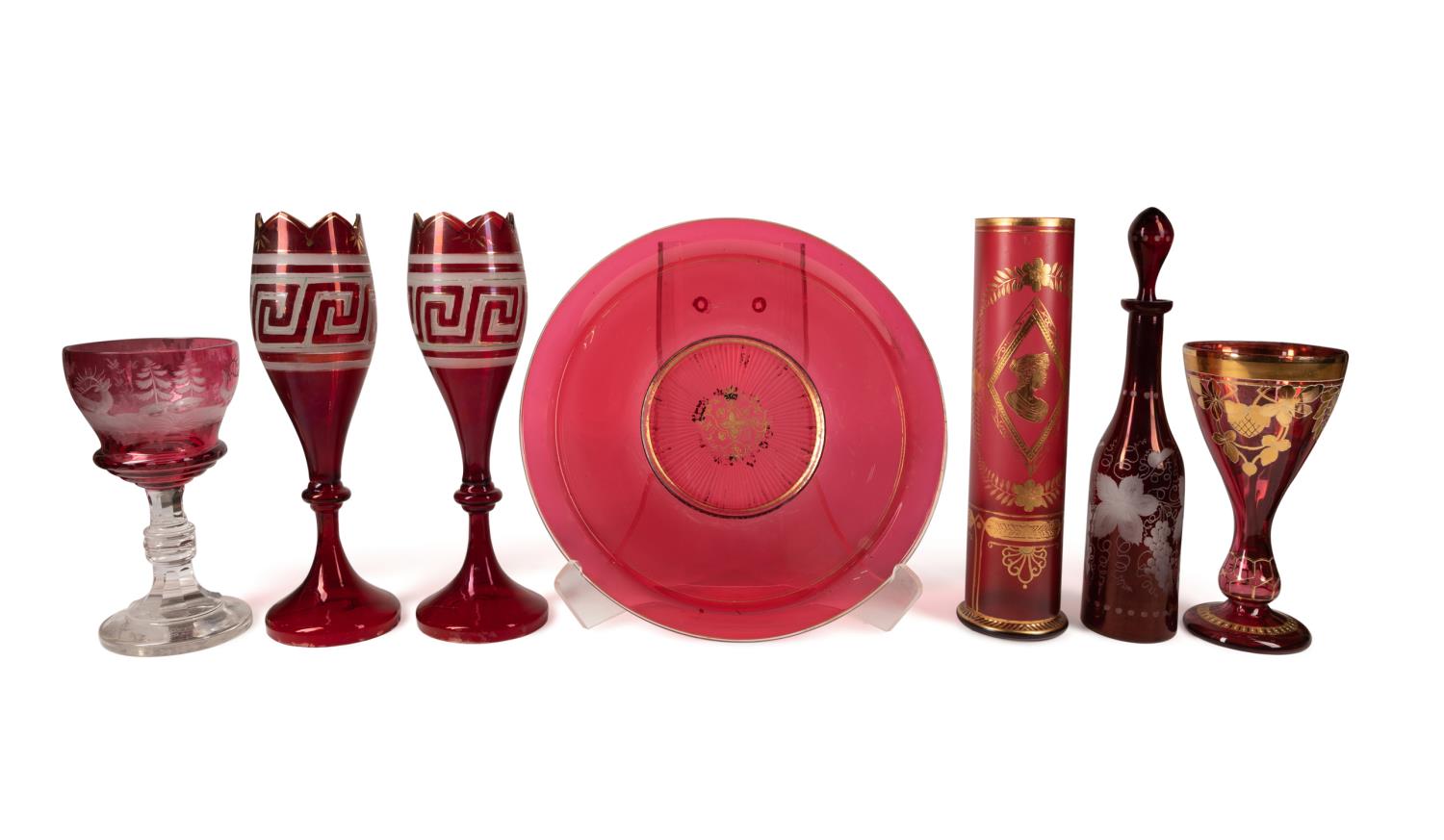 SEVEN PIECES OF CRANBERRY & RUBY GLASS