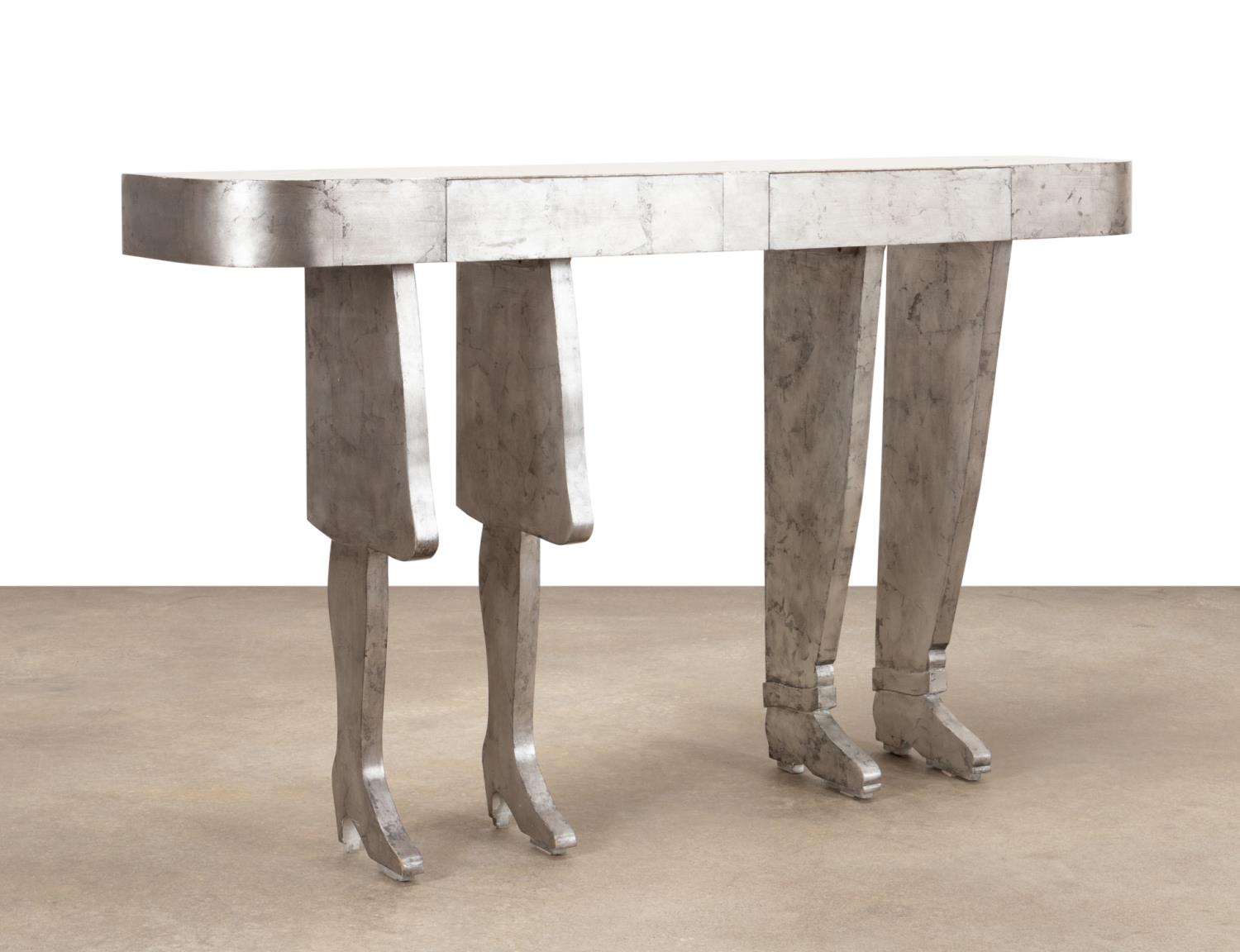 SILVER LEAF CONSOLE TABLE, FIGURAL LEG