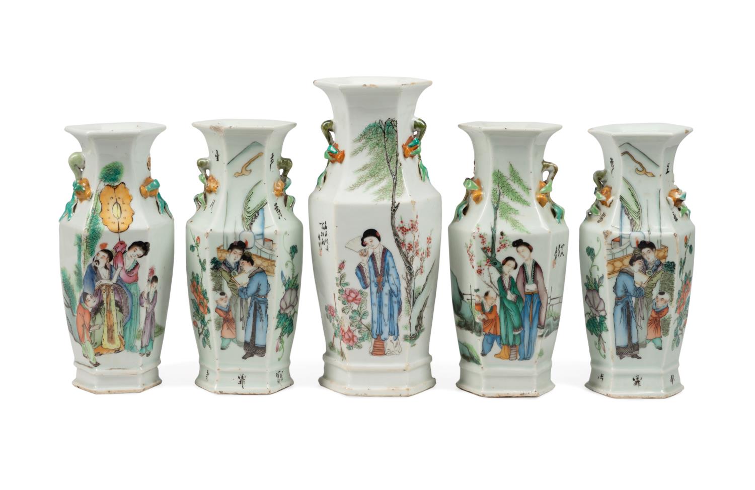 5PC CHINESE FAMILLE ROSE VASE GARNITURE