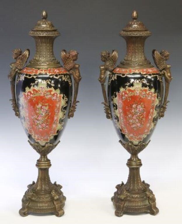 (2) GILT METAL MOUNTED PORCELAIN URN